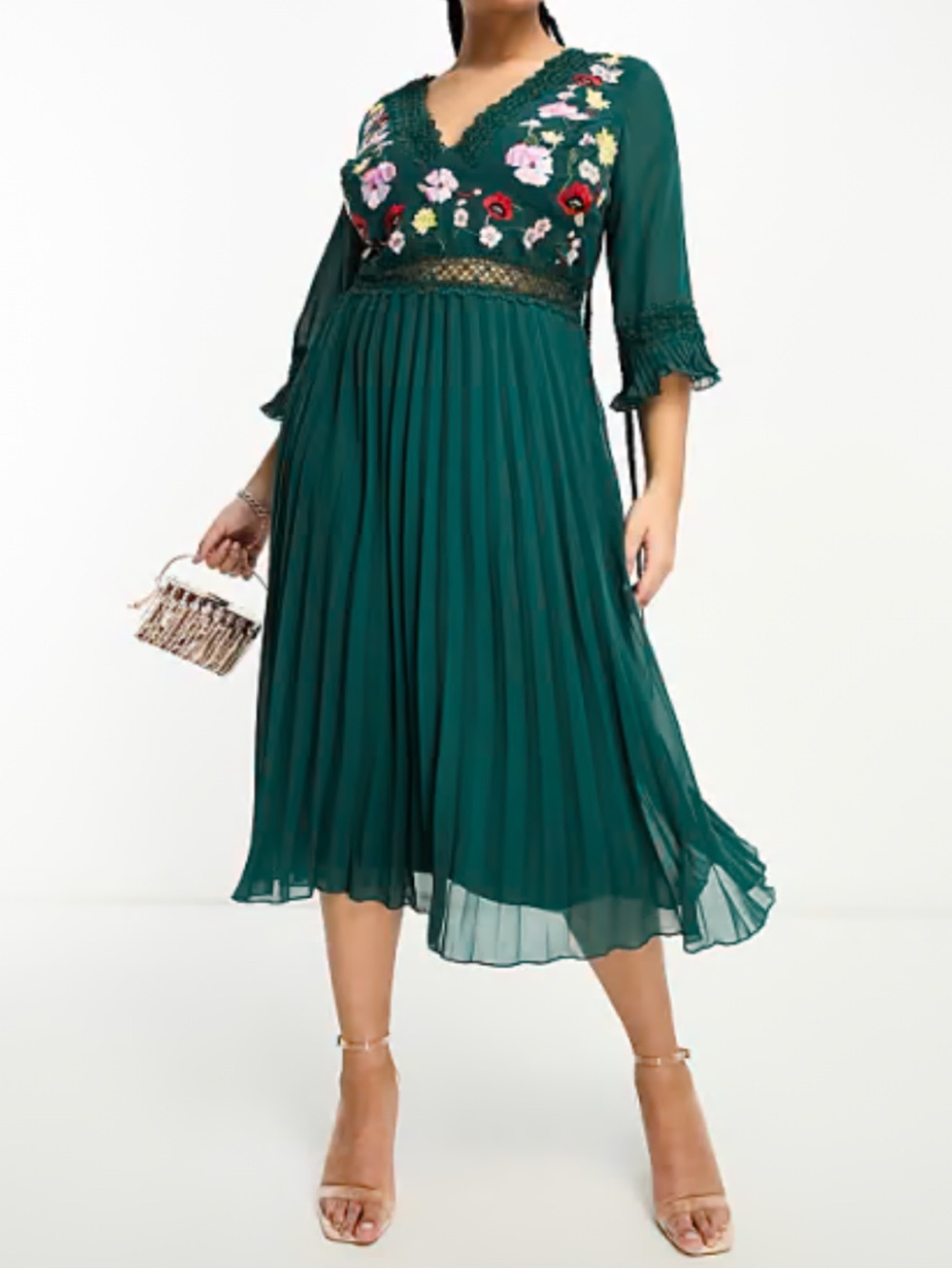 ASOS DESIGN Pleated Lined 3/4 Sleeve Midi Dress with Embroidered Flowers (READ)